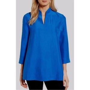 Eileen Fisher Silk Dupioni High Collar Top Catalina Blue VNeck Long Sleeve